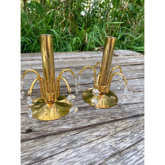 Vintage 1970s Small Brass Waterfall Crystal Candlestick Holders - Picture 2 of 11